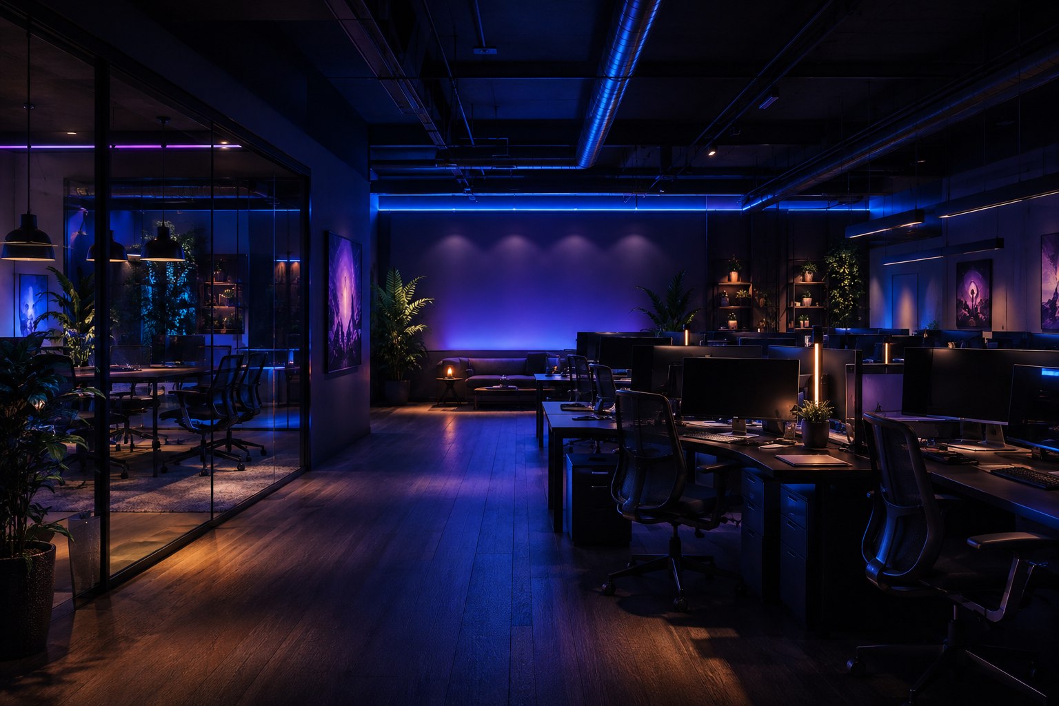 Game development studio lit in blue and violet